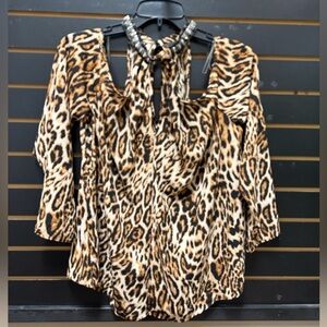 Bold Elements Leopard Print Off-Shoulder Beaded Neckline Top – Size L